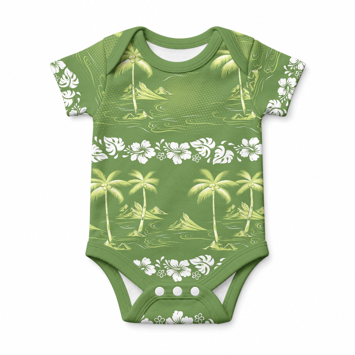 Olive Green Hawaii Palm Tree Hibiscus Baby Onesie Fantasy Summer Vibe LT01 Olive - Polynesian Pride