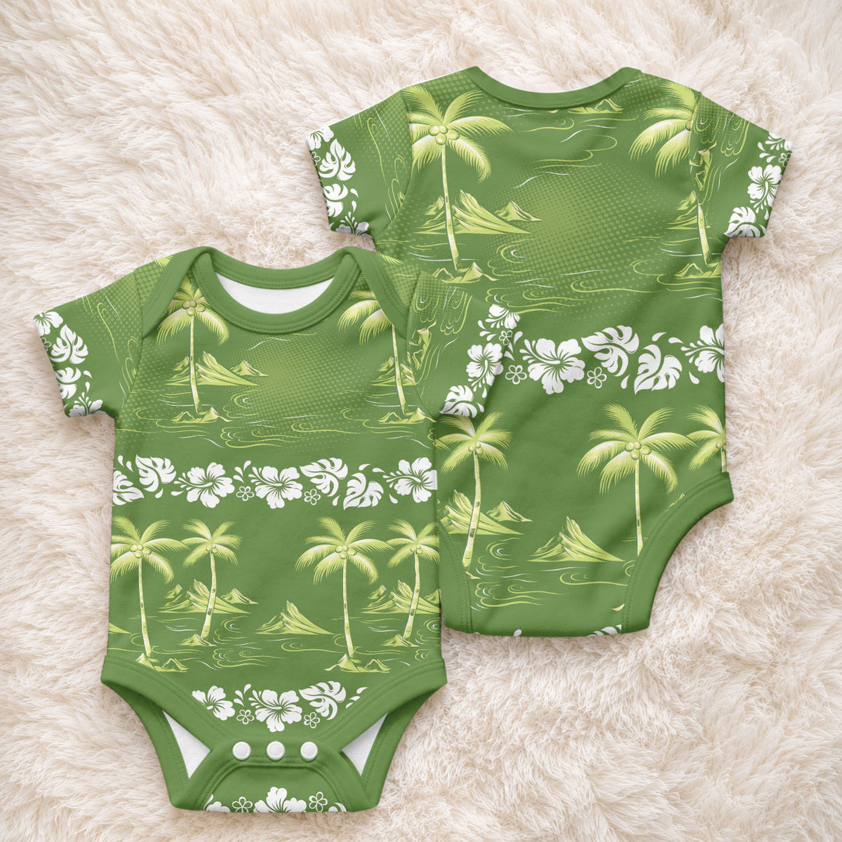 Olive Green Hawaii Palm Tree Hibiscus Baby Onesie Fantasy Summer Vibe LT01 - Polynesian Pride