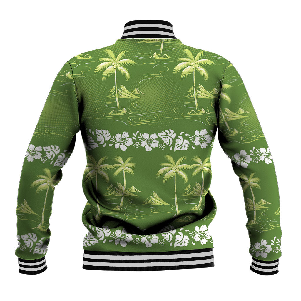 Olive Green Hawaii Palm Tree Hibiscus Baseball Jacket Fantasy Summer Vibe