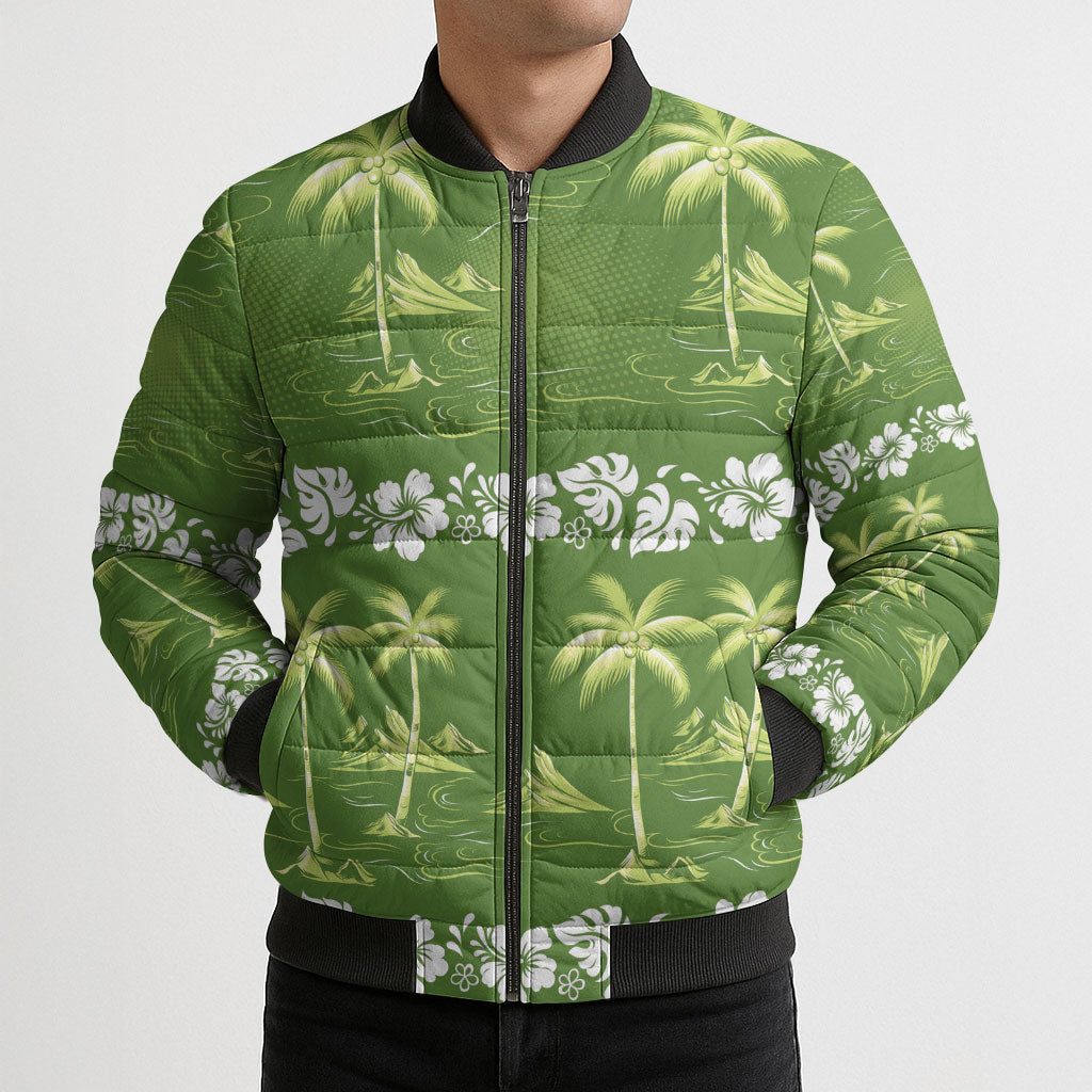 Olive Green Hawaii Palm Tree Hibiscus Bomber Puffer Jacket Fantasy Summer Vibe