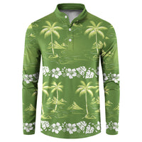 Olive Green Hawaii Palm Tree Hibiscus Button Sweatshirt Fantasy Summer Vibe LT01 Olive - Polynesian Pride