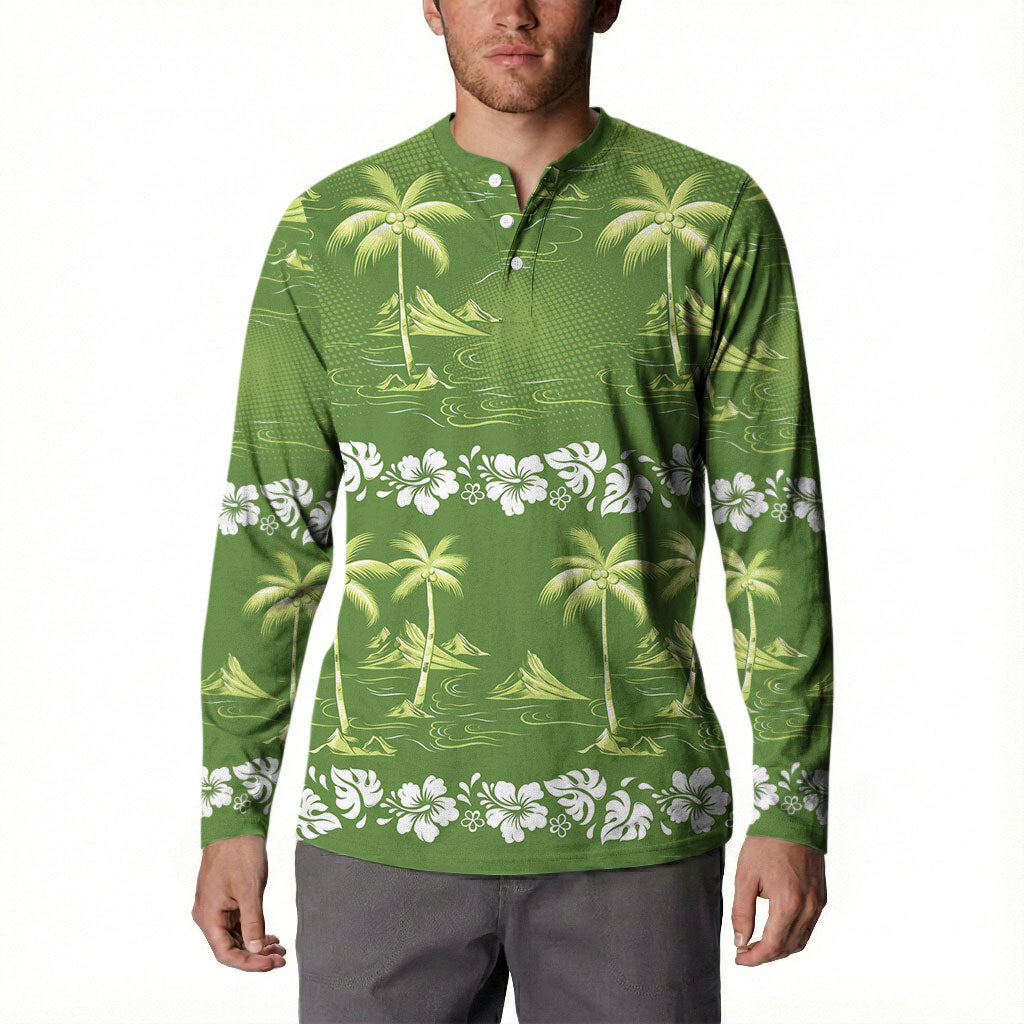 Olive Green Hawaii Palm Tree Hibiscus Button Sweatshirt Fantasy Summer Vibe LT01 - Polynesian Pride