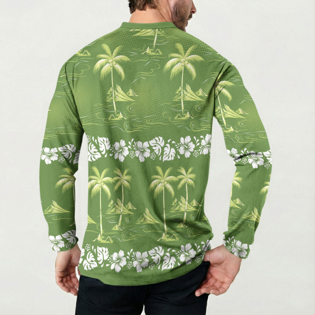 Olive Green Hawaii Palm Tree Hibiscus Button Sweatshirt Fantasy Summer Vibe LT01 - Polynesian Pride