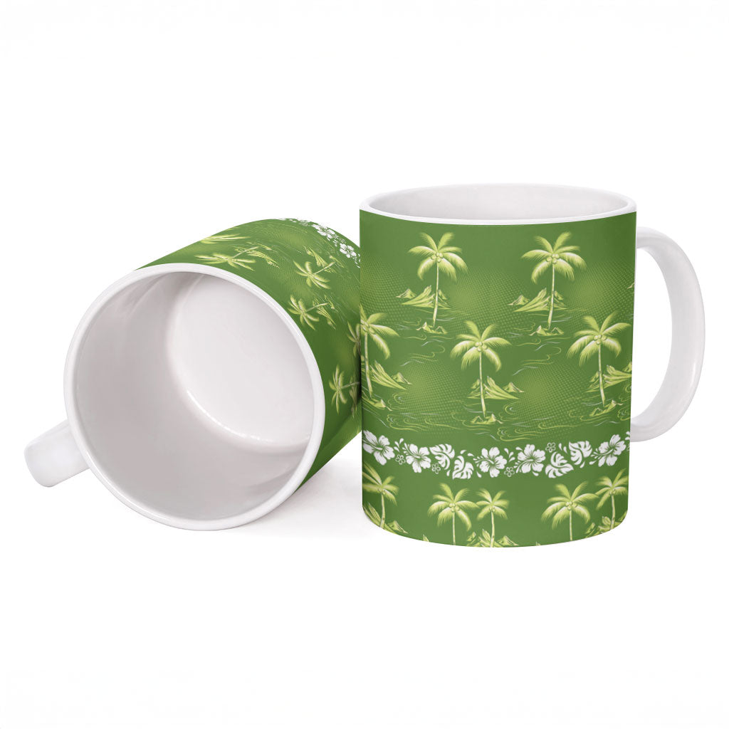 Olive Green Hawaii Palm Tree Hibiscus Ceramic Mug Fantasy Summer Vibe