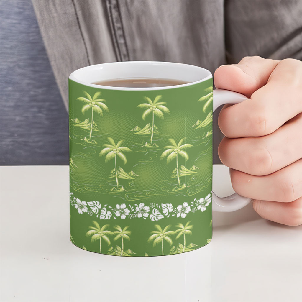 Olive Green Hawaii Palm Tree Hibiscus Ceramic Mug Fantasy Summer Vibe