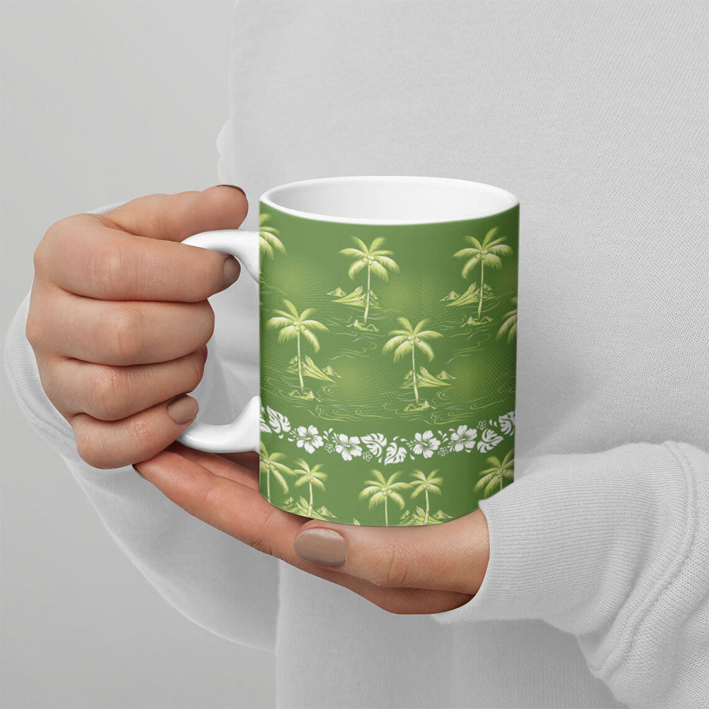 Olive Green Hawaii Palm Tree Hibiscus Ceramic Mug Fantasy Summer Vibe