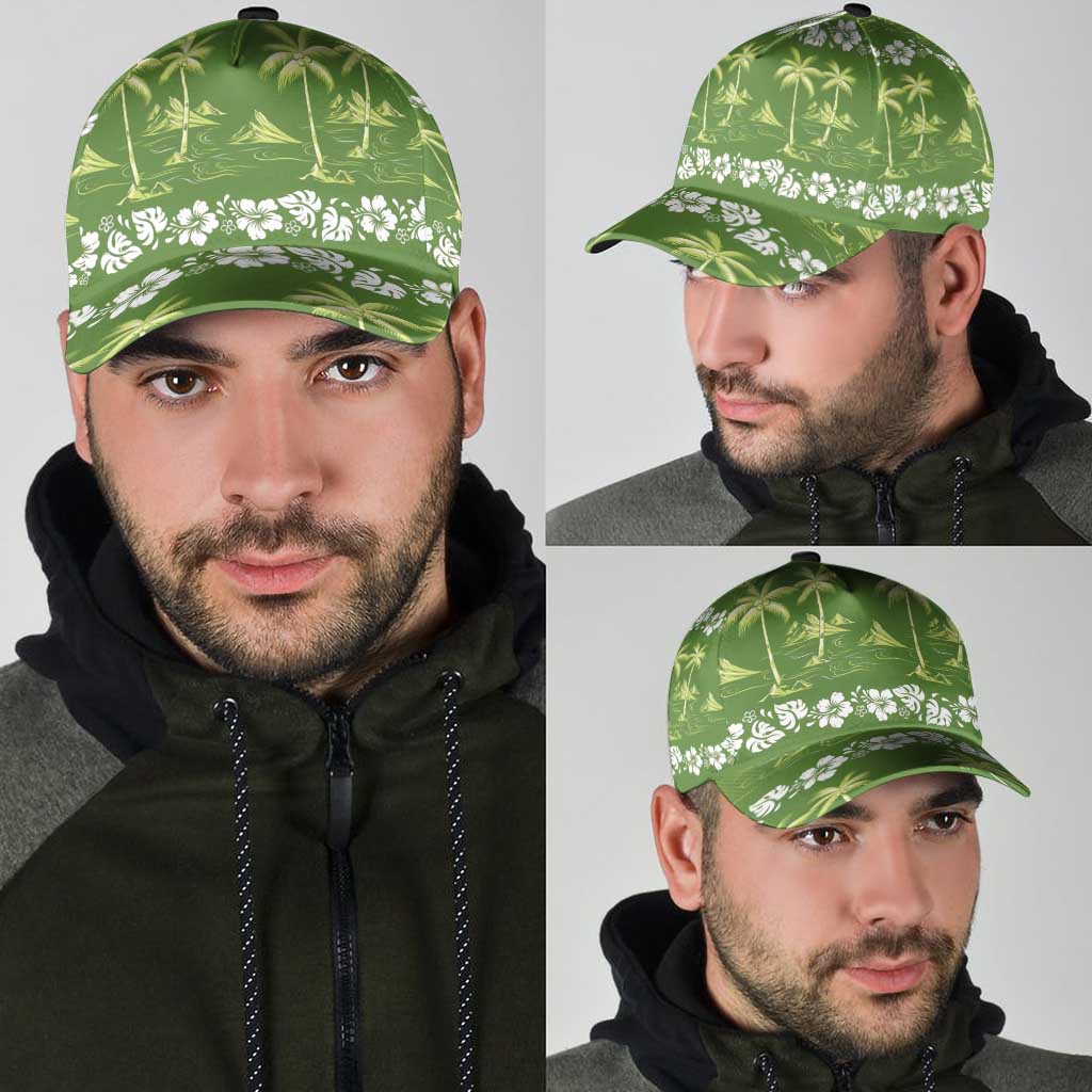 Olive Green Hawaii Palm Tree Hibiscus Classic Cap Fantasy Summer Vibe