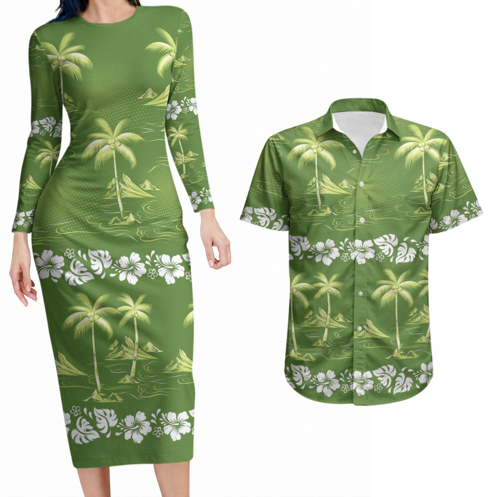 Olive Green Hawaii Palm Tree Hibiscus Couples Matching Long Sleeve Bodycon Dress and Hawaiian Shirt Fantasy Summer Vibe LT01 Olive - Polynesian Pride