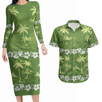 Olive Green Hawaii Palm Tree Hibiscus Couples Matching Long Sleeve Bodycon Dress and Hawaiian Shirt Fantasy Summer Vibe LT01 Olive - Polynesian Pride