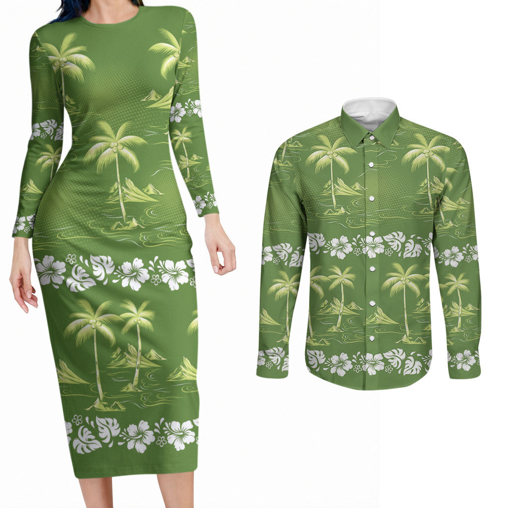 Olive Green Hawaii Palm Tree Hibiscus Couples Matching Long Sleeve Bodycon Dress and Long Sleeve Button Shirt Fantasy Summer Vibe LT01 Olive - Polynesian Pride