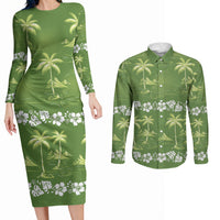 Olive Green Hawaii Palm Tree Hibiscus Couples Matching Long Sleeve Bodycon Dress and Long Sleeve Button Shirt Fantasy Summer Vibe LT01 Olive - Polynesian Pride