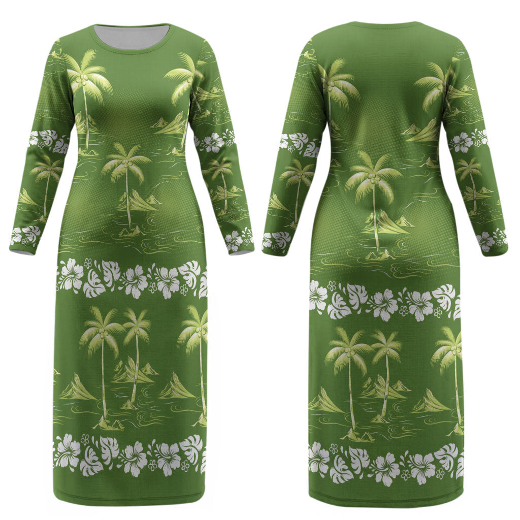 Olive Green Hawaii Palm Tree Hibiscus Couples Matching Long Sleeve Bodycon Dress and Long Sleeve Button Shirt Fantasy Summer Vibe LT01 - Polynesian Pride