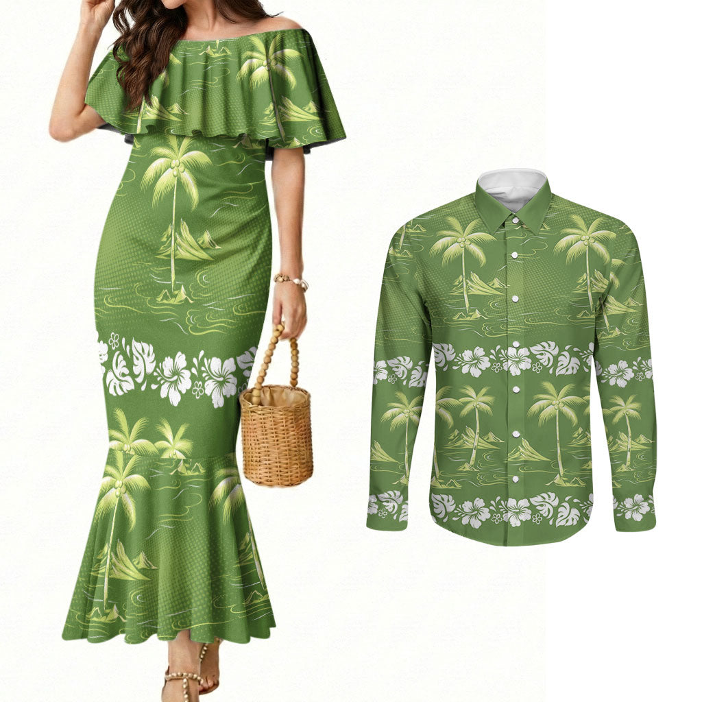 Olive Green Hawaii Palm Tree Hibiscus Couples Matching Mermaid Dress and Long Sleeve Button Shirt Fantasy Summer Vibe