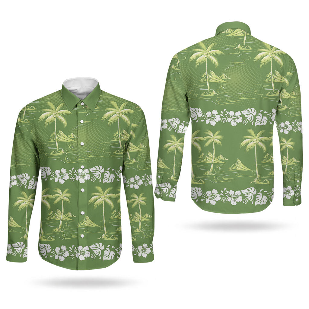 Olive Green Hawaii Palm Tree Hibiscus Couples Matching Mermaid Dress and Long Sleeve Button Shirt Fantasy Summer Vibe