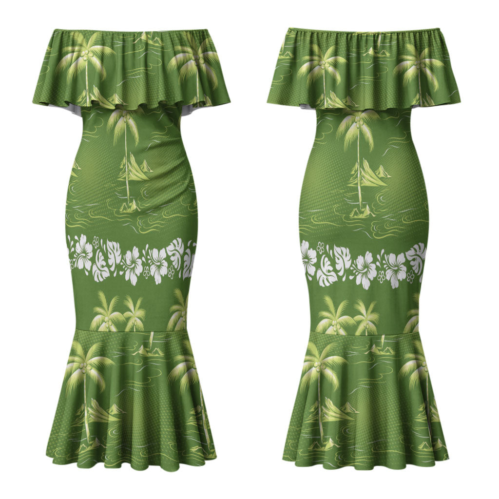 Olive Green Hawaii Palm Tree Hibiscus Couples Matching Mermaid Dress and Long Sleeve Button Shirt Fantasy Summer Vibe
