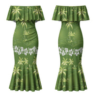 Olive Green Hawaii Palm Tree Hibiscus Couples Matching Mermaid Dress and Long Sleeve Button Shirt Fantasy Summer Vibe