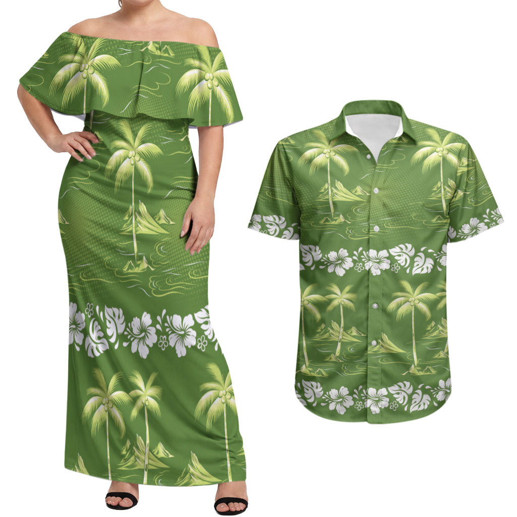 Olive Green Hawaii Palm Tree Hibiscus Couples Matching Off Shoulder Maxi Dress and Hawaiian Shirt Fantasy Summer Vibe