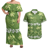 Olive Green Hawaii Palm Tree Hibiscus Couples Matching Off Shoulder Maxi Dress and Hawaiian Shirt Fantasy Summer Vibe