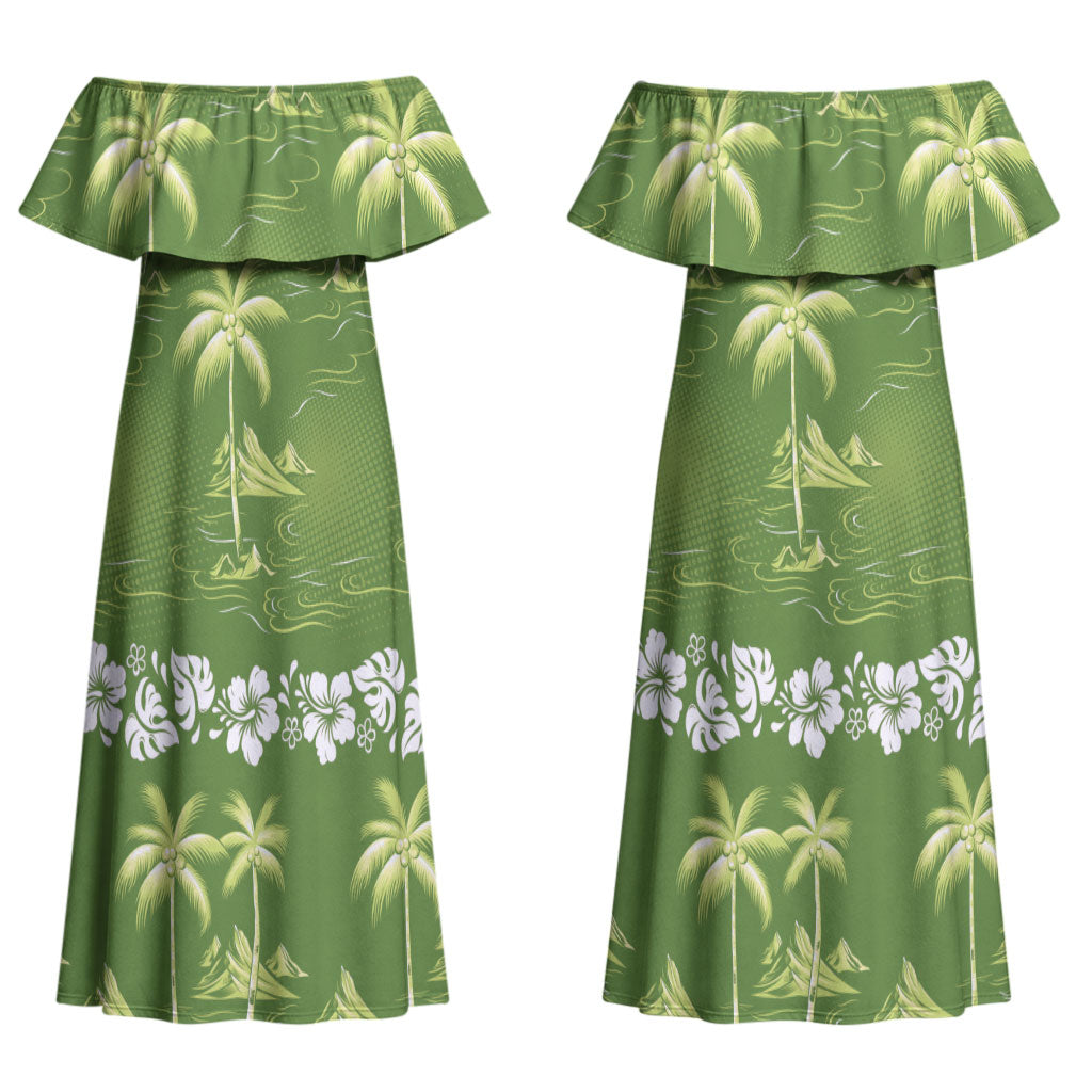 Olive Green Hawaii Palm Tree Hibiscus Couples Matching Off Shoulder Maxi Dress and Hawaiian Shirt Fantasy Summer Vibe