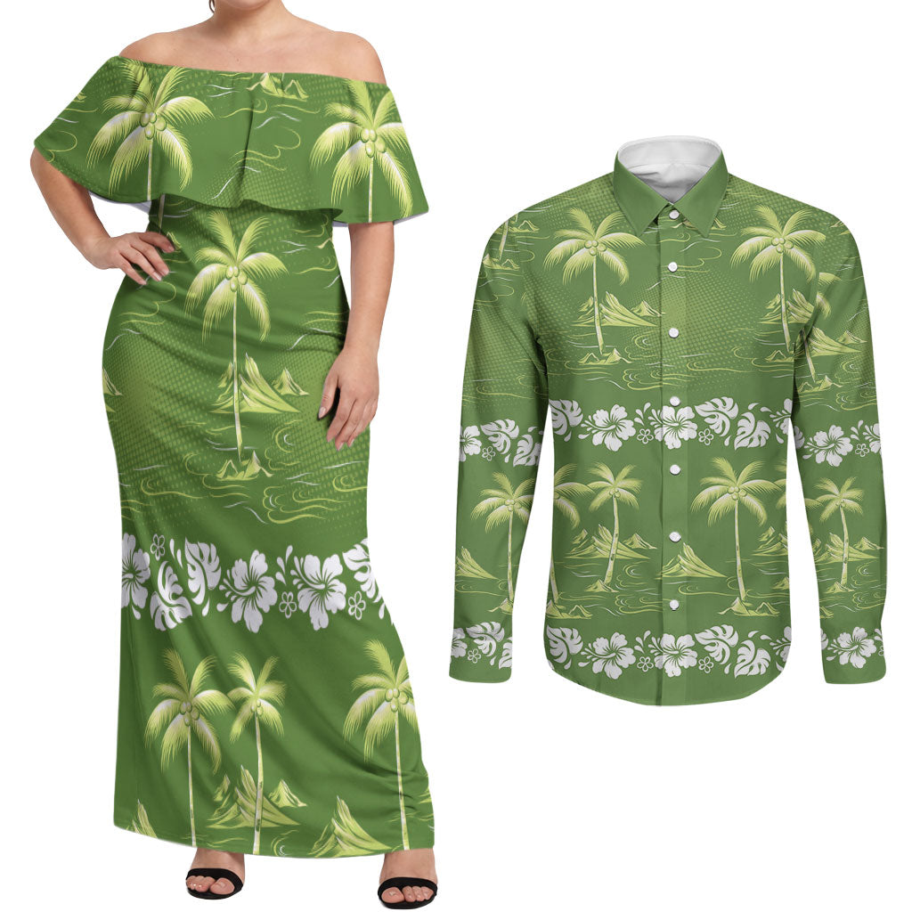 Olive Green Hawaii Palm Tree Hibiscus Couples Matching Off Shoulder Maxi Dress and Long Sleeve Button Shirt Fantasy Summer Vibe