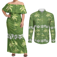 Olive Green Hawaii Palm Tree Hibiscus Couples Matching Off Shoulder Maxi Dress and Long Sleeve Button Shirt Fantasy Summer Vibe
