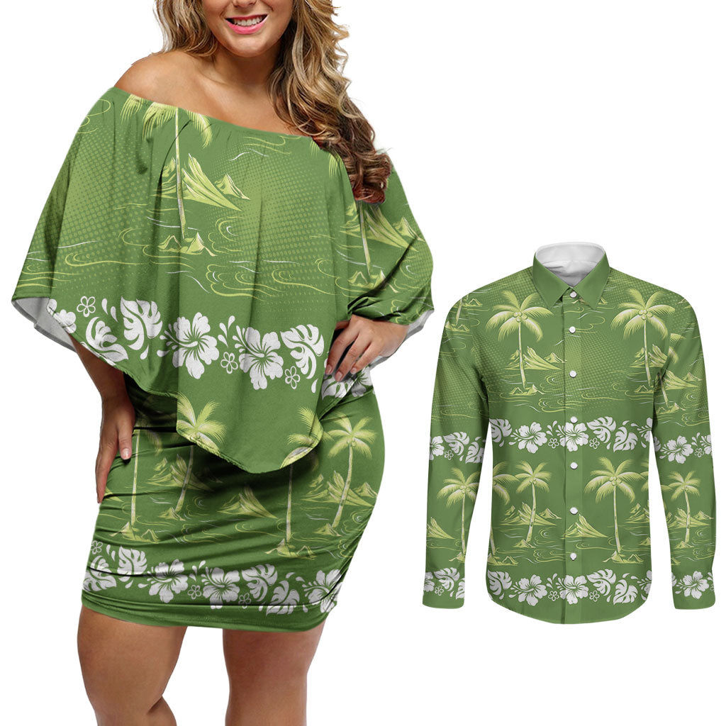 Olive Green Hawaii Palm Tree Hibiscus Couples Matching Off Shoulder Short Dress and Long Sleeve Button Shirt Fantasy Summer Vibe