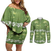 Olive Green Hawaii Palm Tree Hibiscus Couples Matching Off Shoulder Short Dress and Long Sleeve Button Shirt Fantasy Summer Vibe