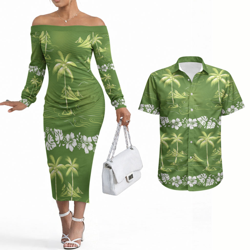 Olive Green Hawaii Palm Tree Hibiscus Couples Matching Off The Shoulder Long Sleeve Dress and Hawaiian Shirt Fantasy Summer Vibe