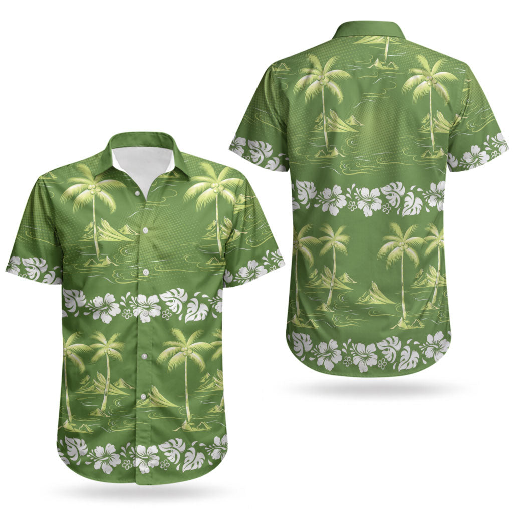 Olive Green Hawaii Palm Tree Hibiscus Couples Matching Off The Shoulder Long Sleeve Dress and Hawaiian Shirt Fantasy Summer Vibe