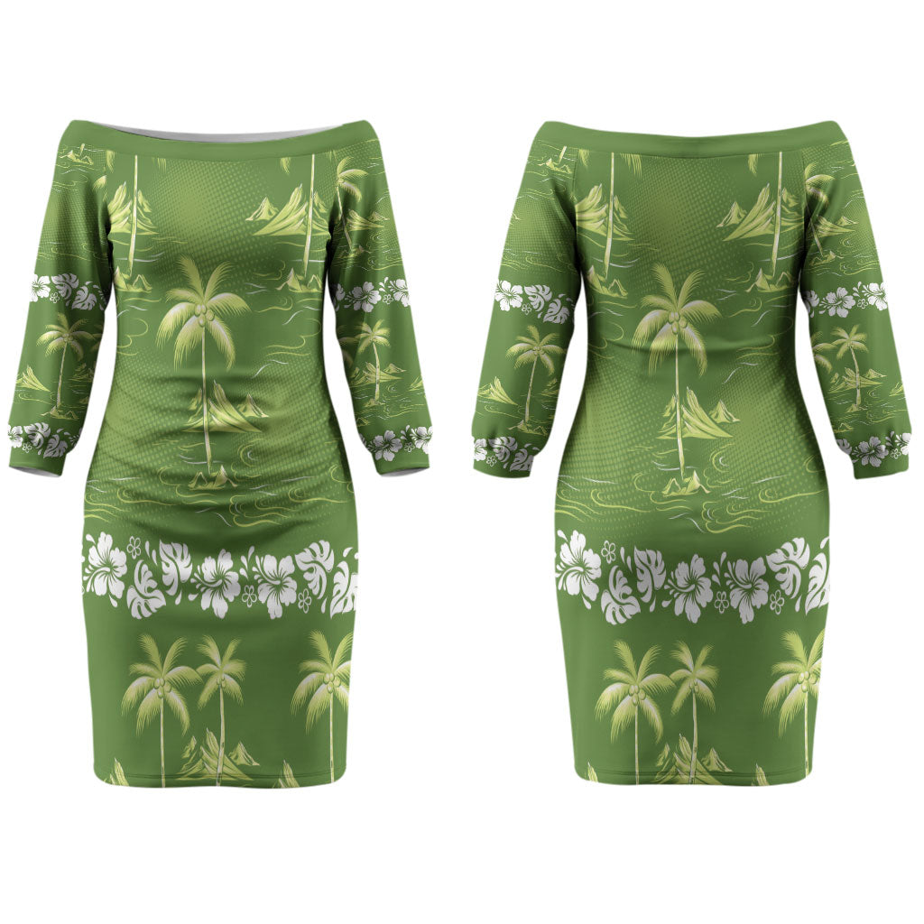 Olive Green Hawaii Palm Tree Hibiscus Couples Matching Off The Shoulder Long Sleeve Dress and Hawaiian Shirt Fantasy Summer Vibe
