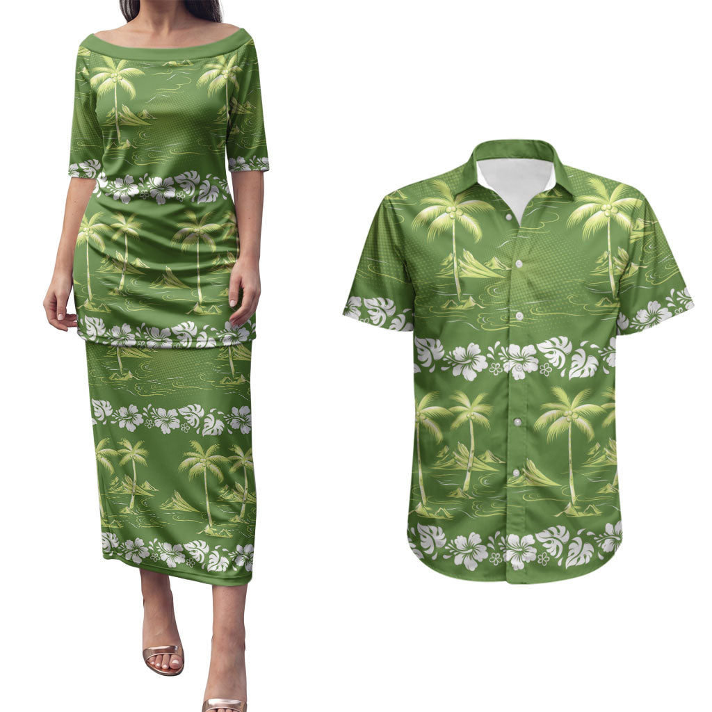 Olive Green Hawaii Palm Tree Hibiscus Couples Matching Puletasi and Hawaiian Shirt Fantasy Summer Vibe LT01 Olive - Polynesian Pride