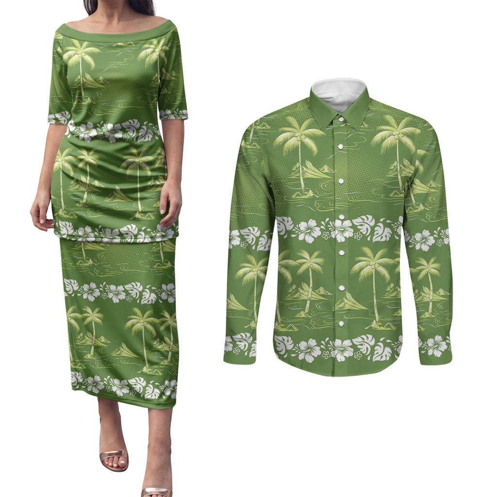 Olive Green Hawaii Palm Tree Hibiscus Couples Matching Puletasi and Long Sleeve Button Shirt Fantasy Summer Vibe LT01 Olive - Polynesian Pride