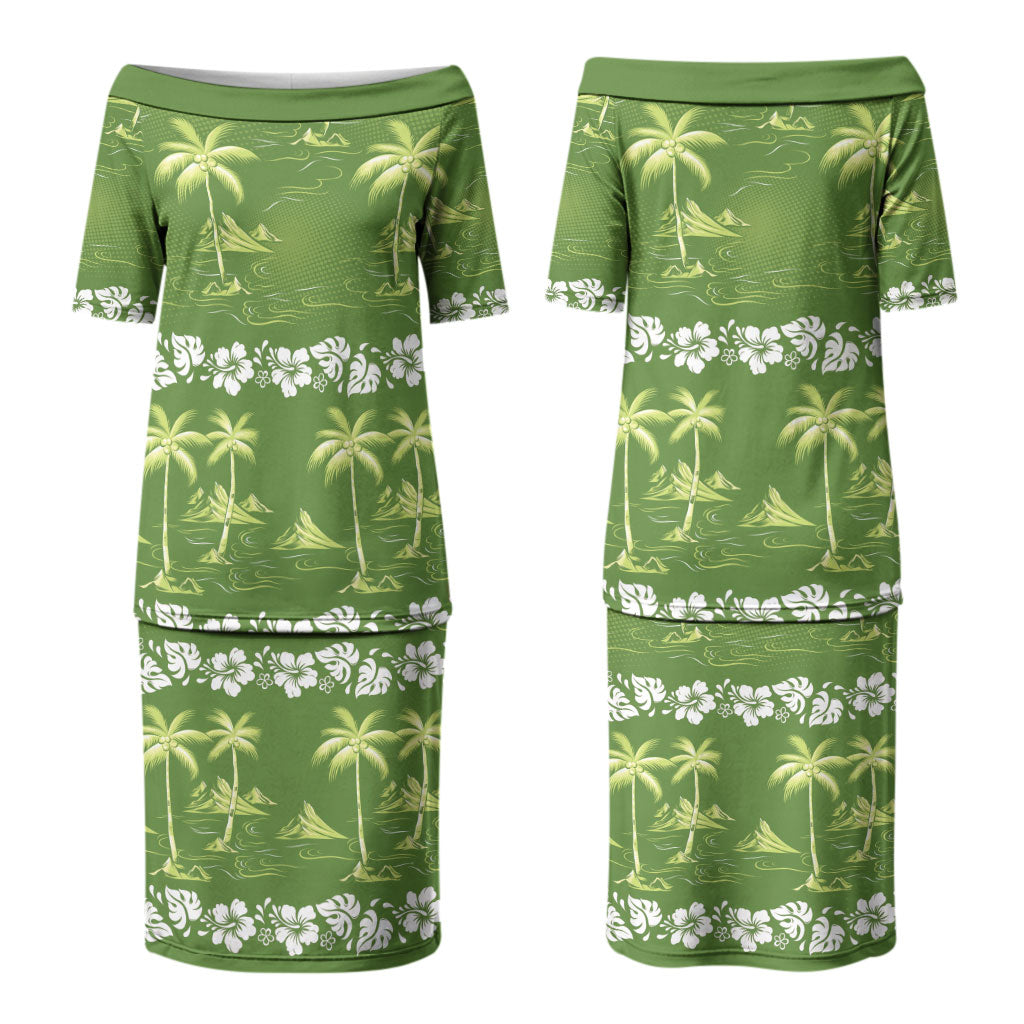 Olive Green Hawaii Palm Tree Hibiscus Couples Matching Puletasi and Long Sleeve Button Shirt Fantasy Summer Vibe LT01 - Polynesian Pride