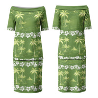 Olive Green Hawaii Palm Tree Hibiscus Couples Matching Puletasi and Long Sleeve Button Shirt Fantasy Summer Vibe LT01 - Polynesian Pride