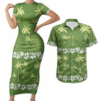 Olive Green Hawaii Palm Tree Hibiscus Couples Matching Short Sleeve Bodycon Dress and Hawaiian Shirt Fantasy Summer Vibe LT01 Olive - Polynesian Pride