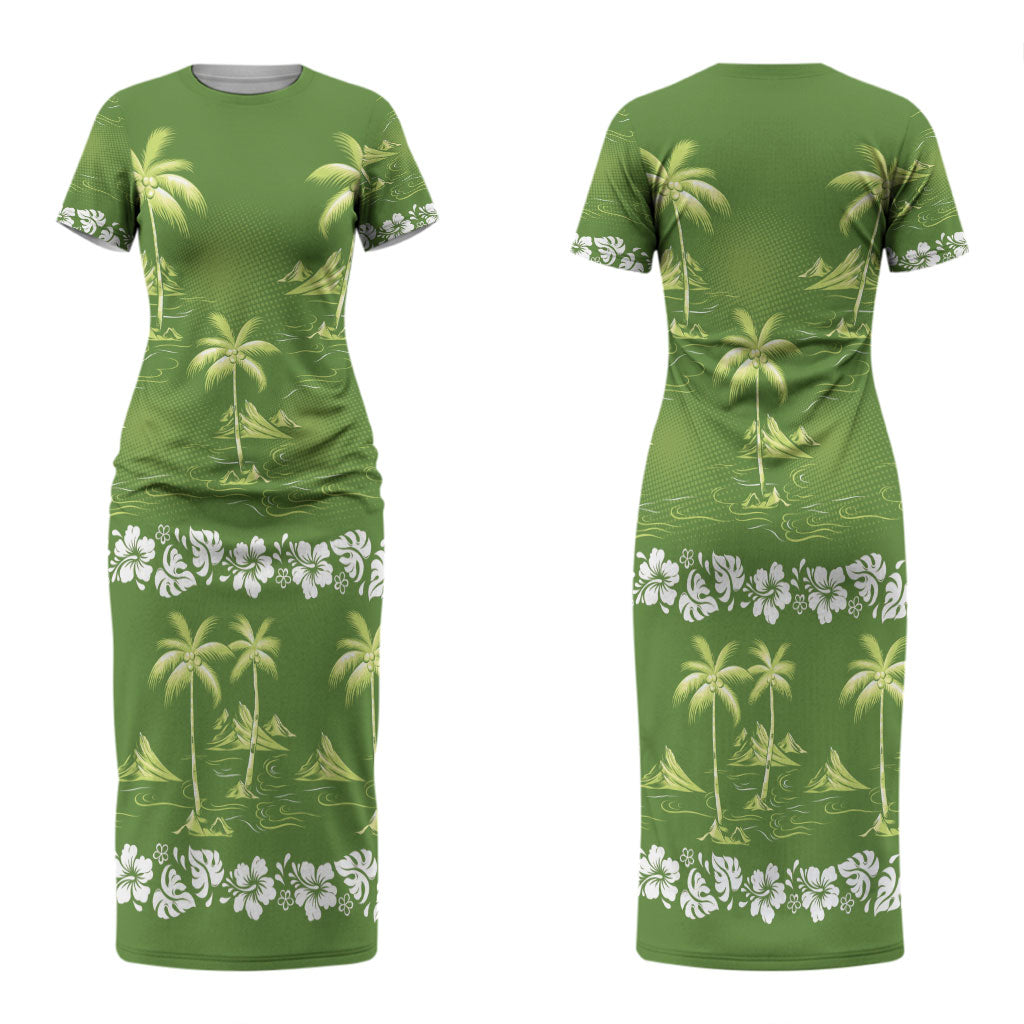 Olive Green Hawaii Palm Tree Hibiscus Couples Matching Short Sleeve Bodycon Dress and Hawaiian Shirt Fantasy Summer Vibe LT01 - Polynesian Pride