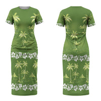 Olive Green Hawaii Palm Tree Hibiscus Couples Matching Short Sleeve Bodycon Dress and Long Sleeve Button Shirt Fantasy Summer Vibe LT01 - Polynesian Pride