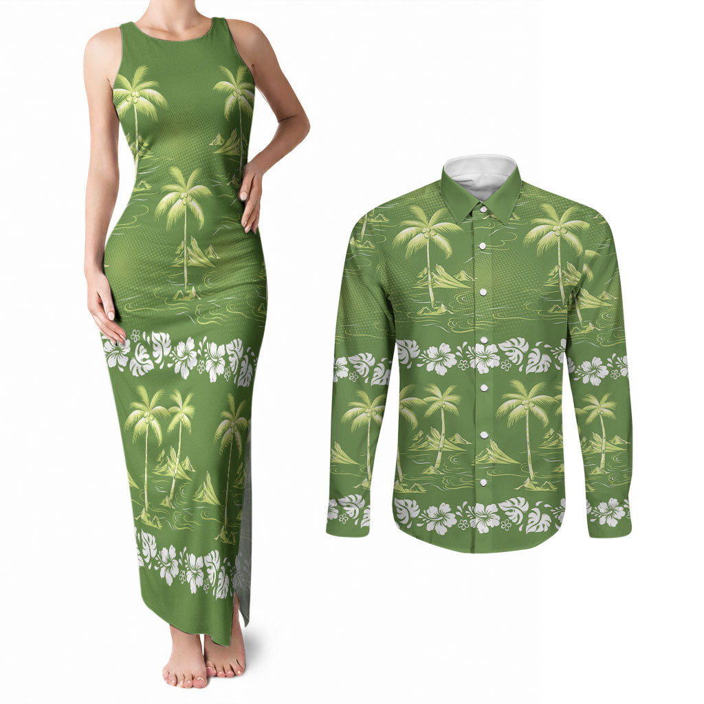 Olive Green Hawaii Palm Tree Hibiscus Couples Matching Tank Maxi Dress and Long Sleeve Button Shirt Fantasy Summer Vibe