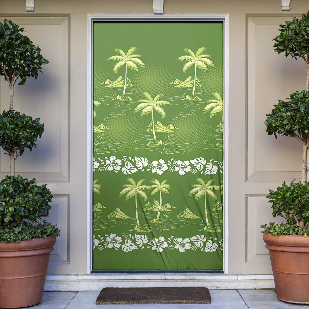 Olive Green Hawaii Palm Tree Hibiscus Door Cover Fantasy Summer Vibe LT01 Olive - Polynesian Pride