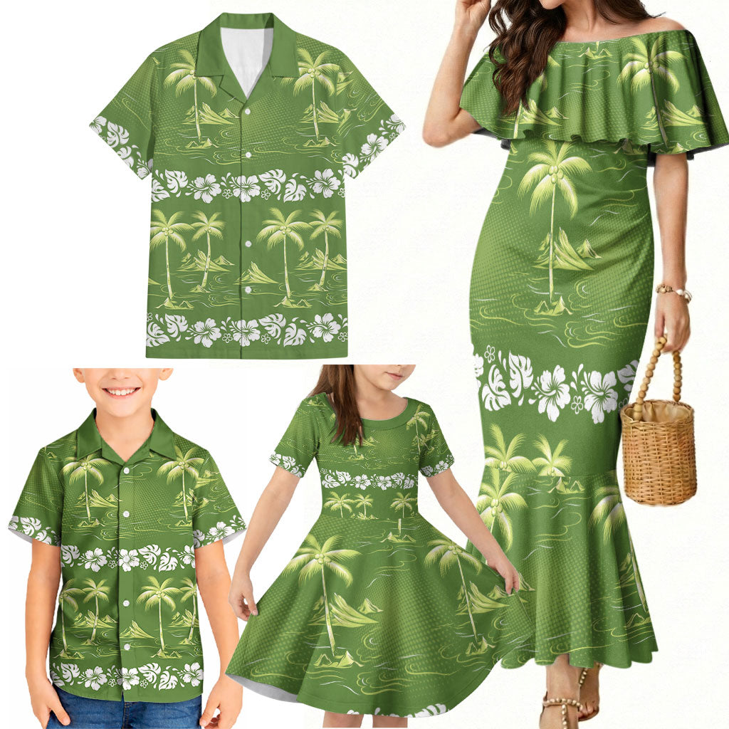 Olive Green Hawaii Palm Tree Hibiscus Family Matching Mermaid Dress and Hawaiian Shirt Fantasy Summer Vibe LT01 - Polynesian Pride