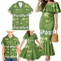 Olive Green Hawaii Palm Tree Hibiscus Family Matching Mermaid Dress and Hawaiian Shirt Fantasy Summer Vibe LT01 - Polynesian Pride