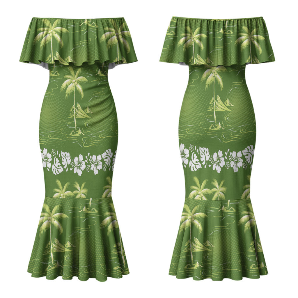 Olive Green Hawaii Palm Tree Hibiscus Family Matching Mermaid Dress and Hawaiian Shirt Fantasy Summer Vibe LT01 Mom's Dress Olive - Polynesian Pride