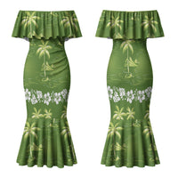 Olive Green Hawaii Palm Tree Hibiscus Family Matching Mermaid Dress and Hawaiian Shirt Fantasy Summer Vibe LT01 Mom's Dress Olive - Polynesian Pride