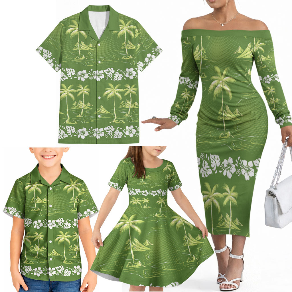 Olive Green Hawaii Palm Tree Hibiscus Family Matching Off The Shoulder Long Sleeve Dress and Hawaiian Shirt Fantasy Summer Vibe