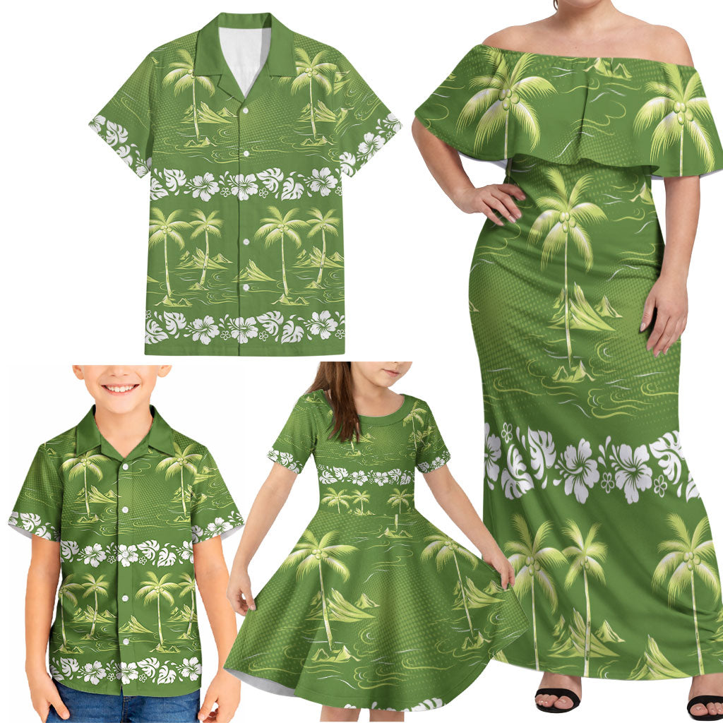 Olive Green Hawaii Palm Tree Hibiscus Family Matching Off Shoulder Maxi Dress and Hawaiian Shirt Fantasy Summer Vibe LT01 - Polynesian Pride