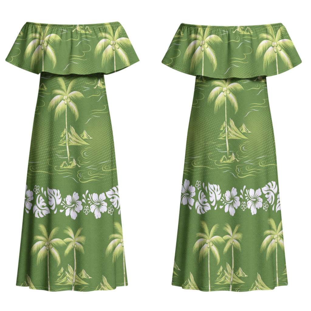 Olive Green Hawaii Palm Tree Hibiscus Family Matching Off Shoulder Maxi Dress and Hawaiian Shirt Fantasy Summer Vibe LT01 Mom's Dress Olive - Polynesian Pride