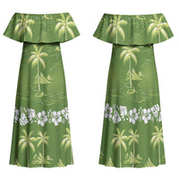 Olive Green Hawaii Palm Tree Hibiscus Family Matching Off Shoulder Maxi Dress and Hawaiian Shirt Fantasy Summer Vibe LT01 Mom's Dress Olive - Polynesian Pride
