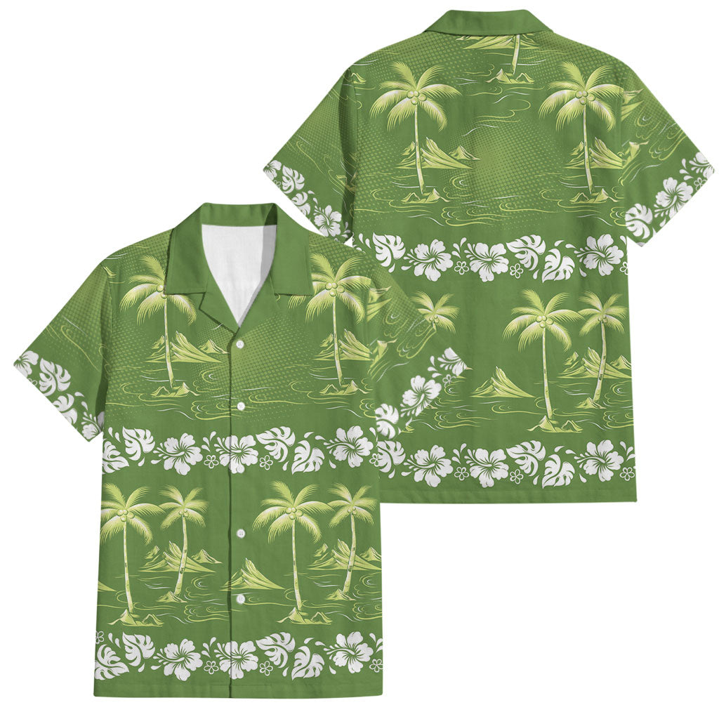 Olive Green Hawaii Palm Tree Hibiscus Family Matching Off Shoulder Maxi Dress and Hawaiian Shirt Fantasy Summer Vibe LT01 Dad's Shirt - Short Sleeve Olive - Polynesian Pride