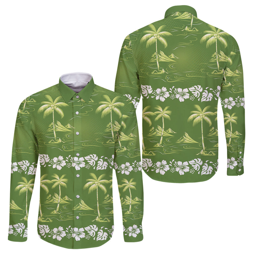 Olive Green Hawaii Palm Tree Hibiscus Family Matching Off Shoulder Maxi Dress and Hawaiian Shirt Fantasy Summer Vibe LT01 Dad's Shirt - Long Sleeve Olive - Polynesian Pride