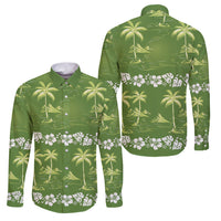 Olive Green Hawaii Palm Tree Hibiscus Family Matching Off Shoulder Maxi Dress and Hawaiian Shirt Fantasy Summer Vibe LT01 Dad's Shirt - Long Sleeve Olive - Polynesian Pride